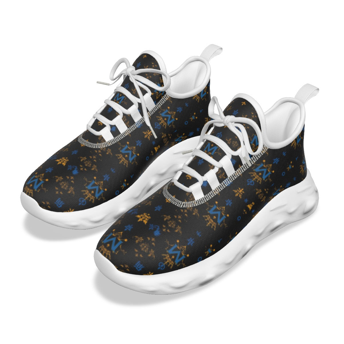 Munsieur luxury streetwear running shoes in black with blue and brown patterns and white soles