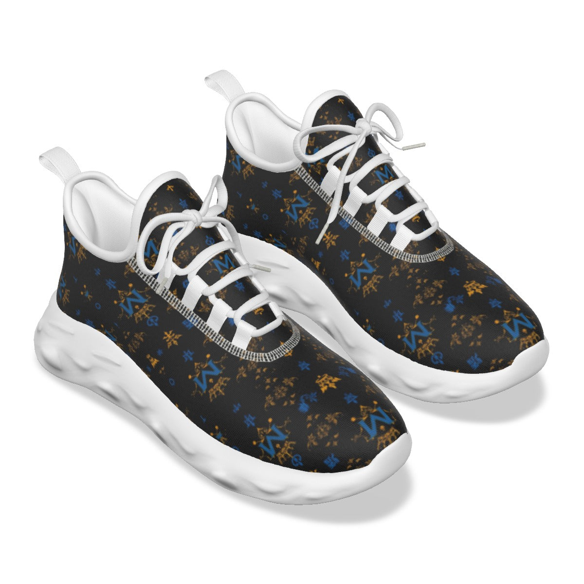 Munsieur luxury streetwear running shoes in black with blue and gold pattern with white sole and laces