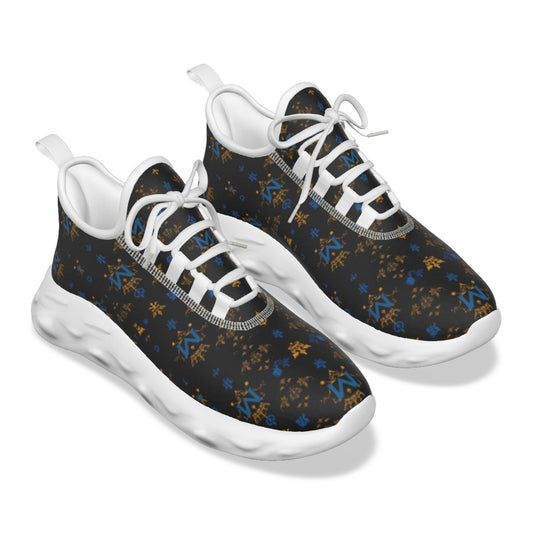 Munsieur luxury streetwear running shoes in black with blue and gold pattern with white sole and laces