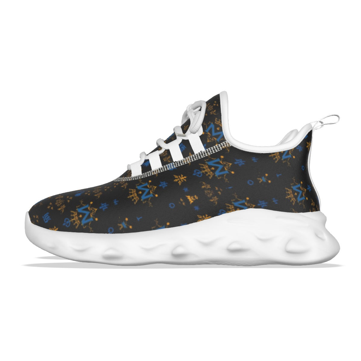 Munsieur luxury streetwear running shoes with patterned black upper and white cushioned sole