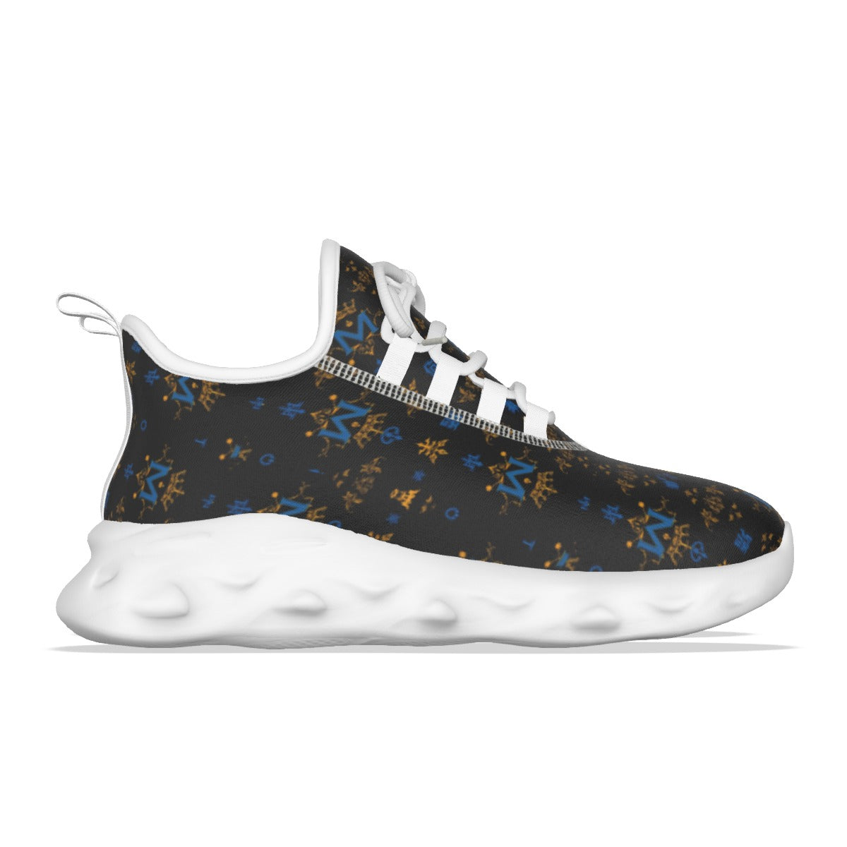 Munsieur luxury streetwear running shoes in black with blue and brown patterns and white sole