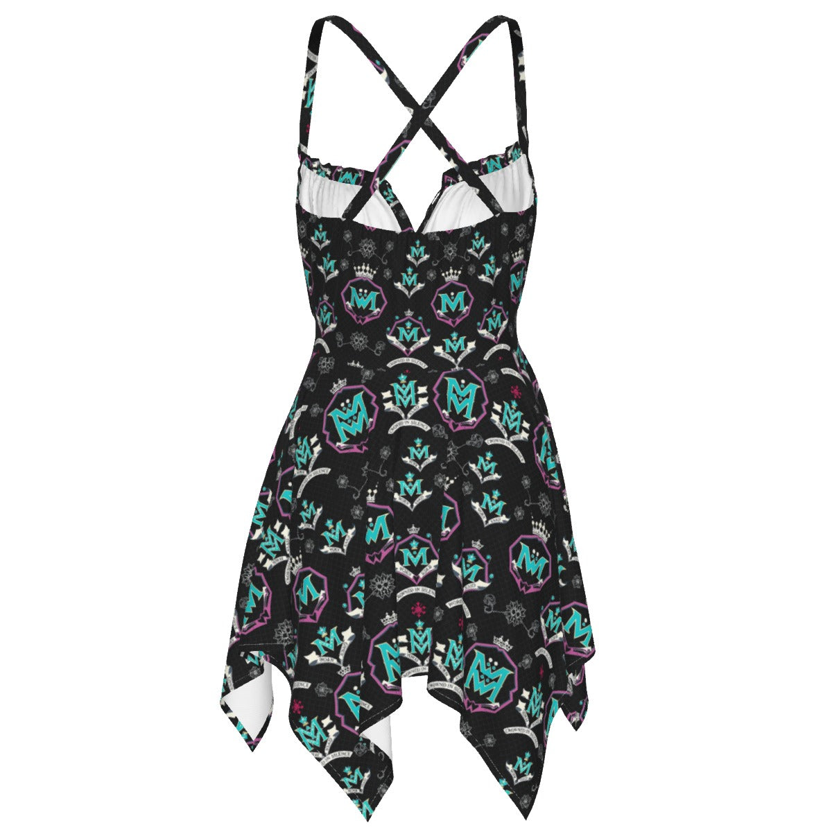Munsieur luxury streetwear slip dress with black patterned fabric and crisscross straps