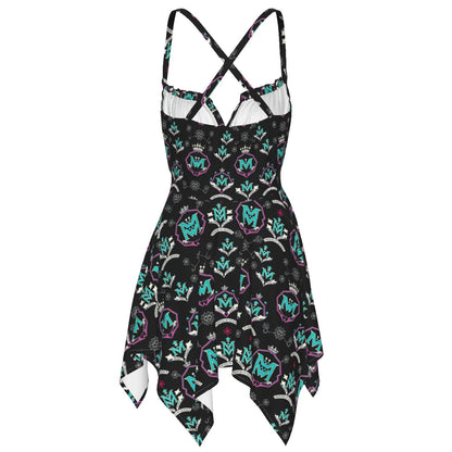 Munsieur luxury streetwear slip dress with black patterned fabric and crisscross straps