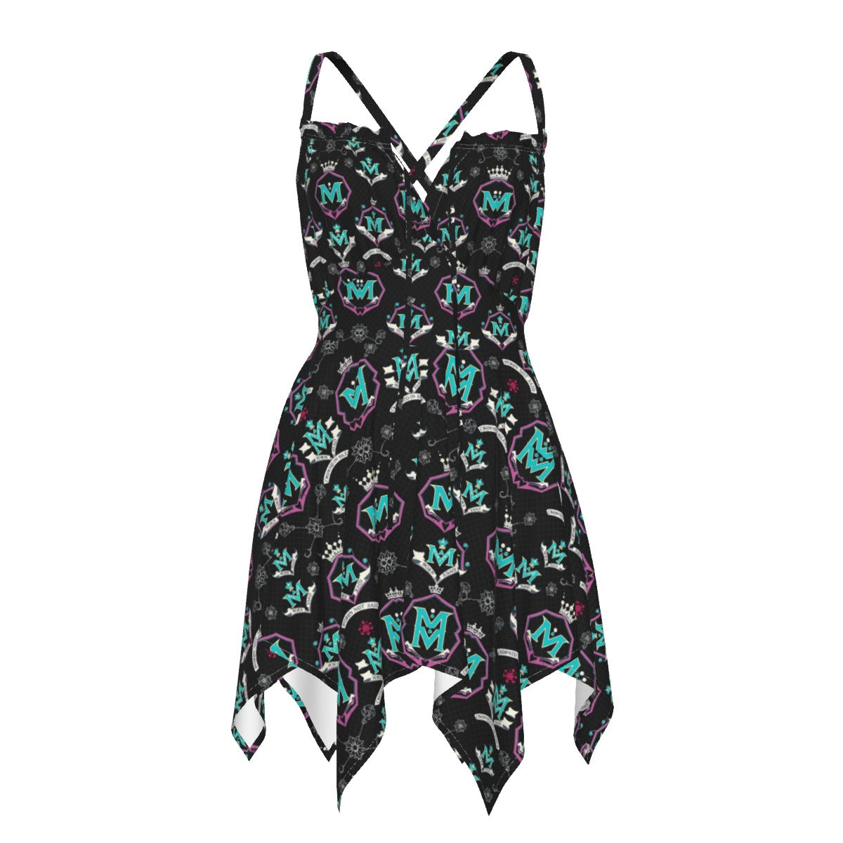 Munsieur luxury streetwear slip dress with black graphic print and asymmetrical hemline
