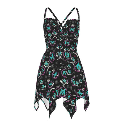 Munsieur luxury streetwear slip dress with black graphic print and asymmetrical hemline