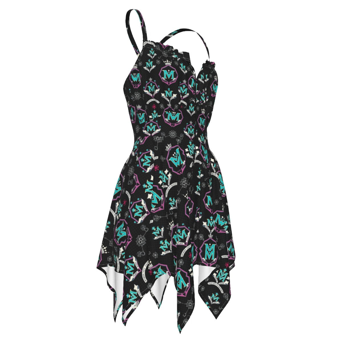 Munsieur black luxury streetwear slip dress with colorful graphic print and asymmetrical hem