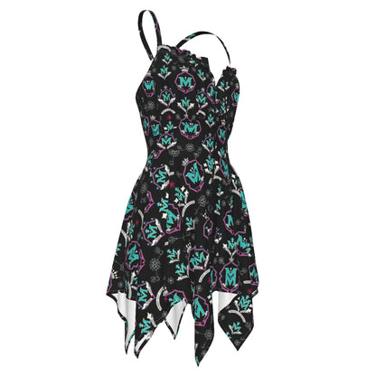 Munsieur black luxury streetwear slip dress with colorful graphic print and asymmetrical hem