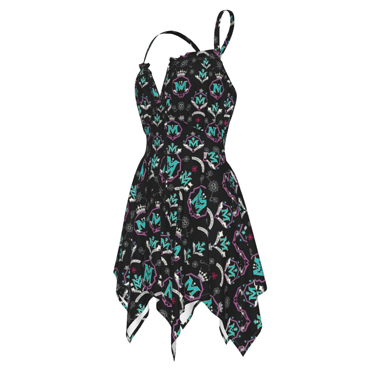 Munsieur luxury streetwear slip dress with black base and colorful graffiti-style print