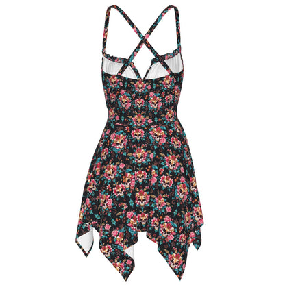 Munsieur floral luxury streetwear slip dress with cross back straps and handkerchief hem