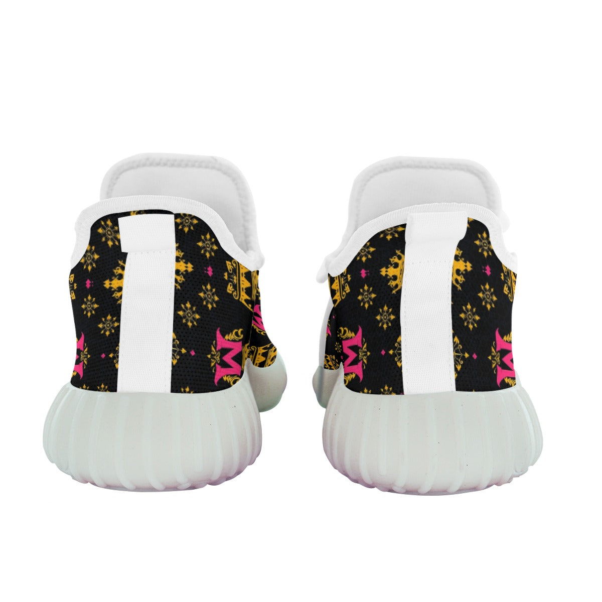 Munsieur luxury streetwear sneakers for women with black, white, and gold floral pattern from back view