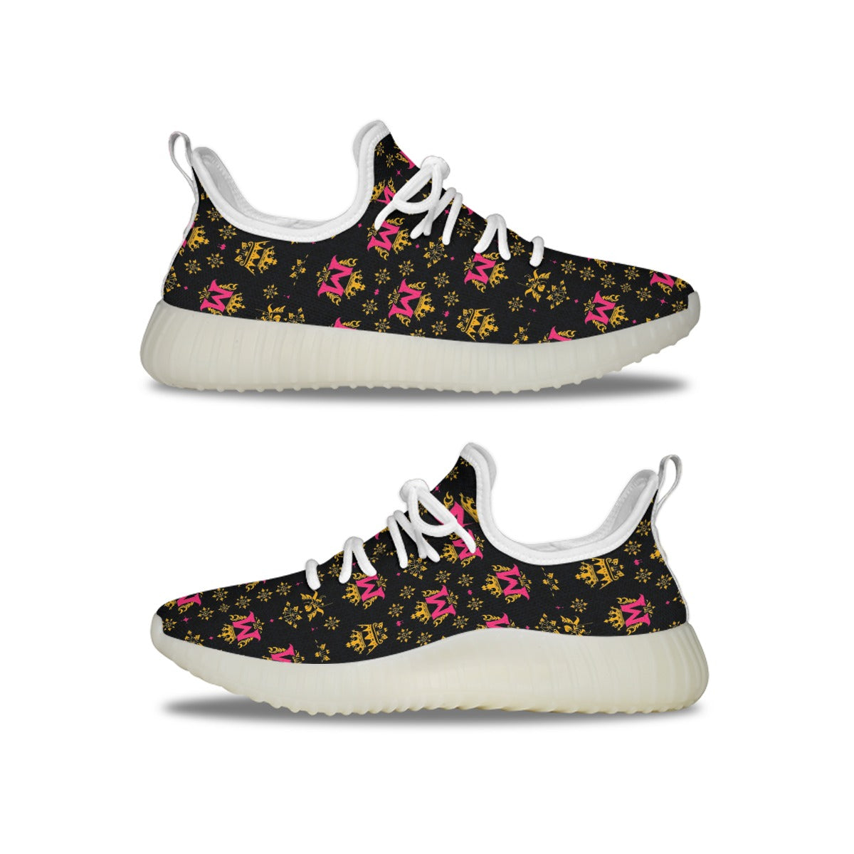 Munsieur luxury streetwear sneakers for women with black base and pink and gold pattern