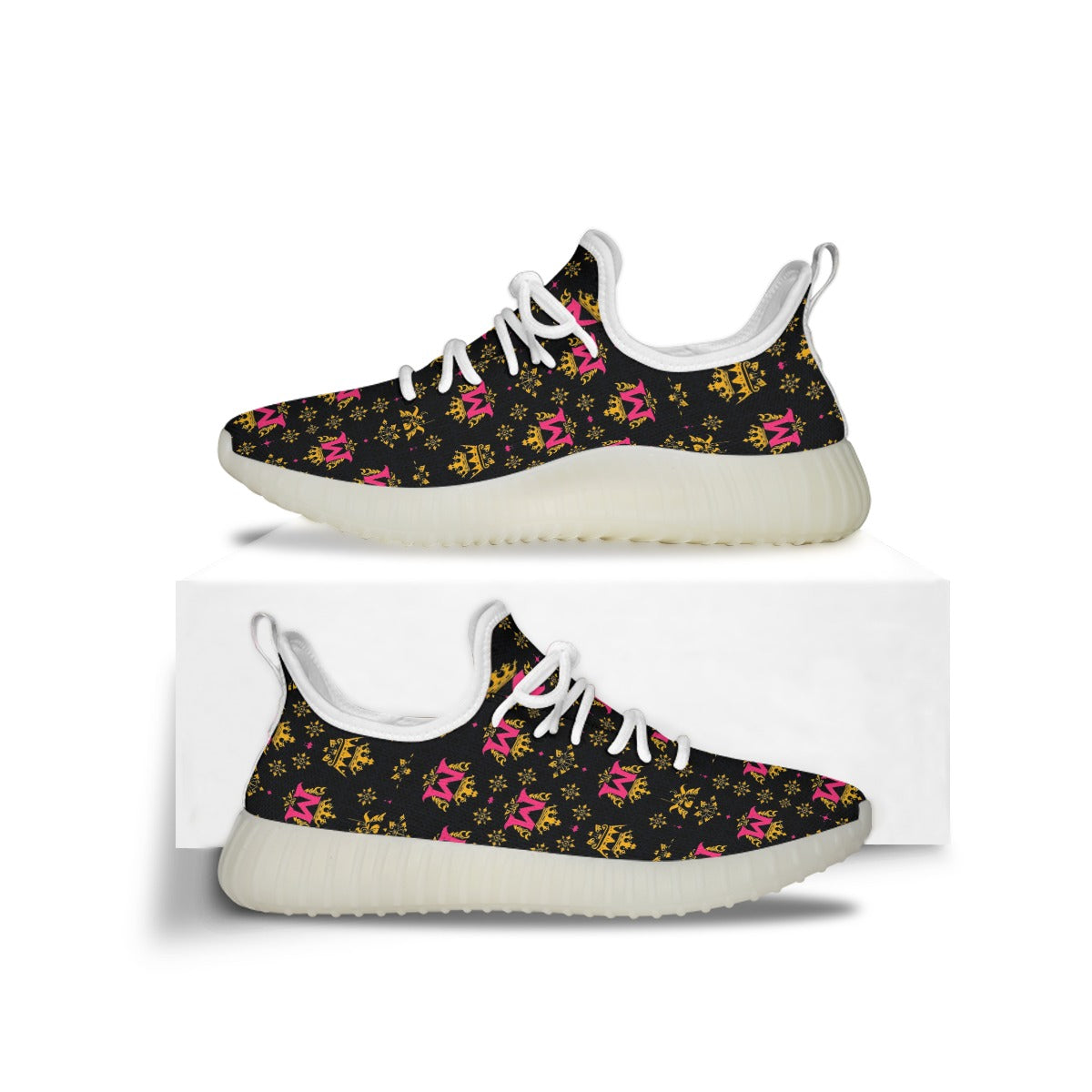Munsieur luxury streetwear sneakers for women with black, pink, and yellow floral pattern and white soles