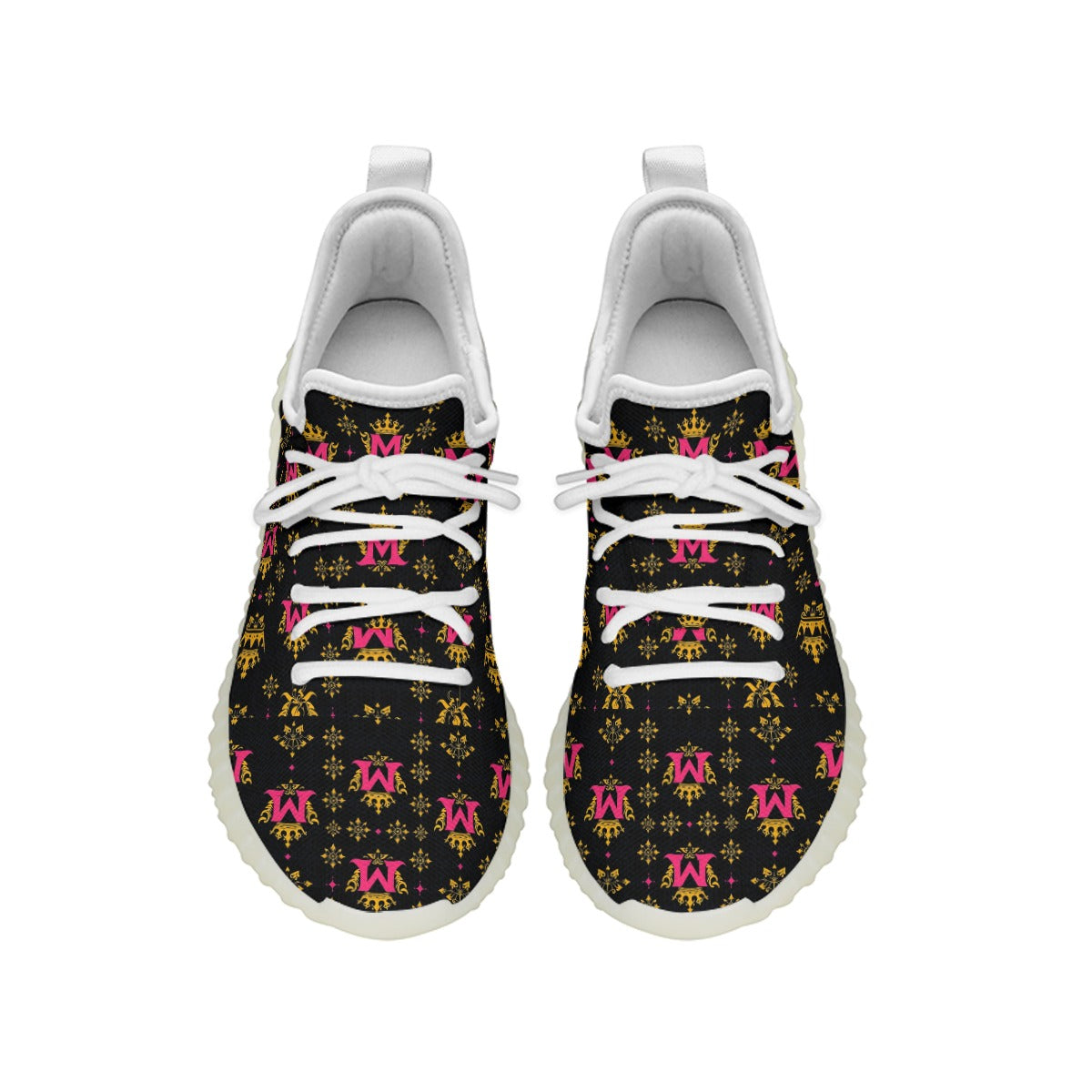 Munsieur luxury streetwear sneakers for women with black fabric and pink gold logo pattern
