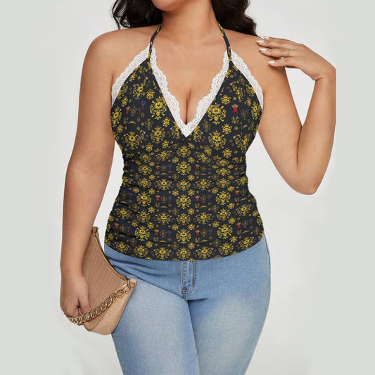 Luxury streetwear t-shirt for women with deep V-neck lace trim and floral pattern