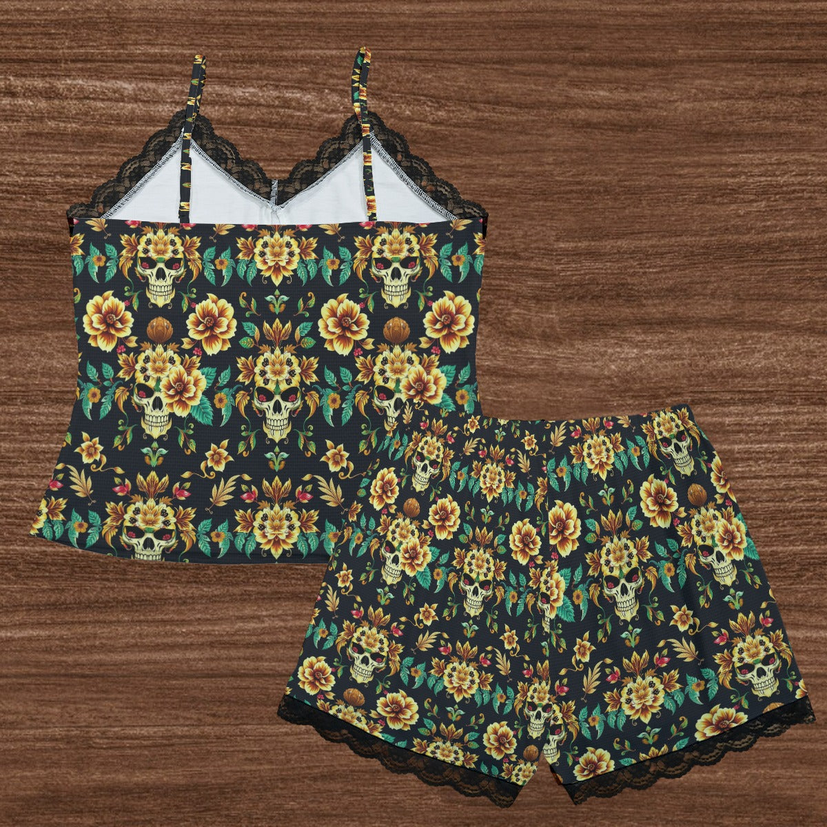 Munsieur luxury urban sleepwear set with floral and skull pattern camisole and shorts with lace trim