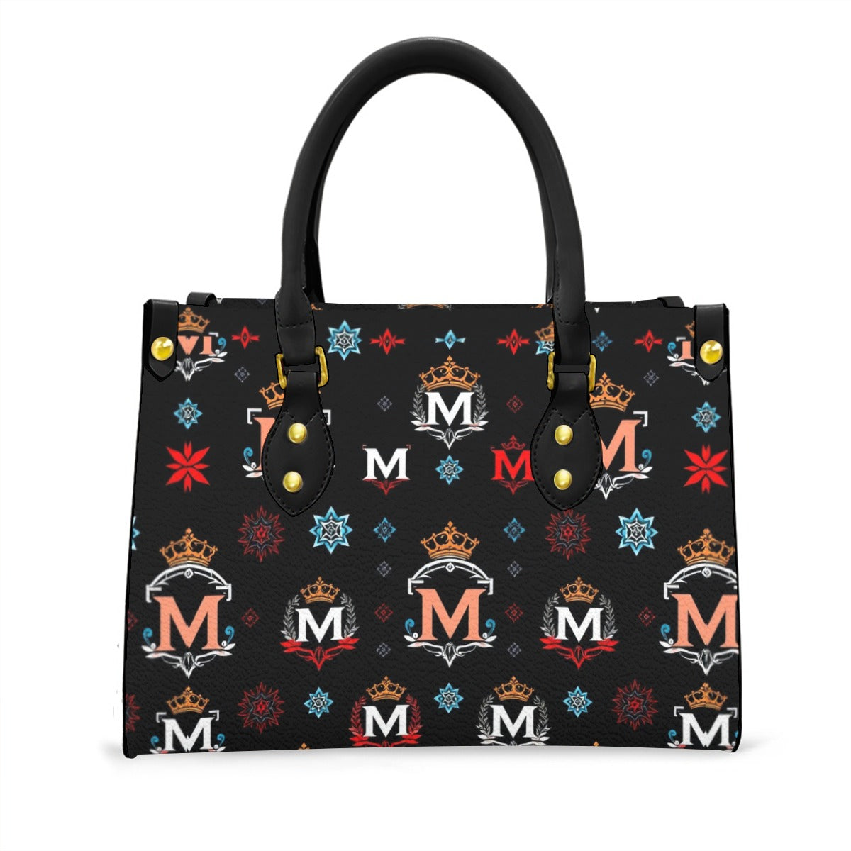 Munsieur luxury women's handbag in black with colorful patterned crowns and M logos with black handles