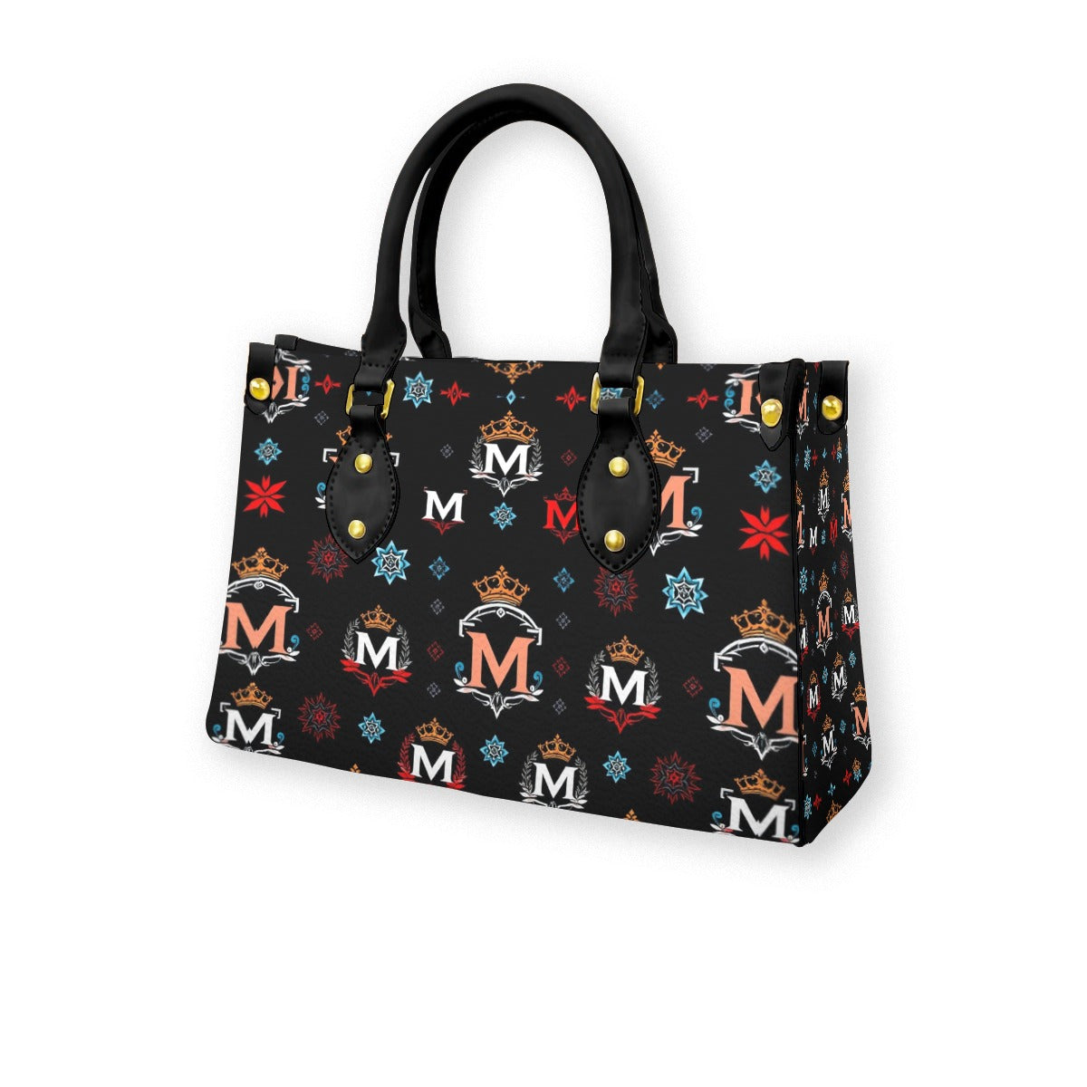 Munsieur luxury women's handbag with black handles and colorful monogram pattern on black background