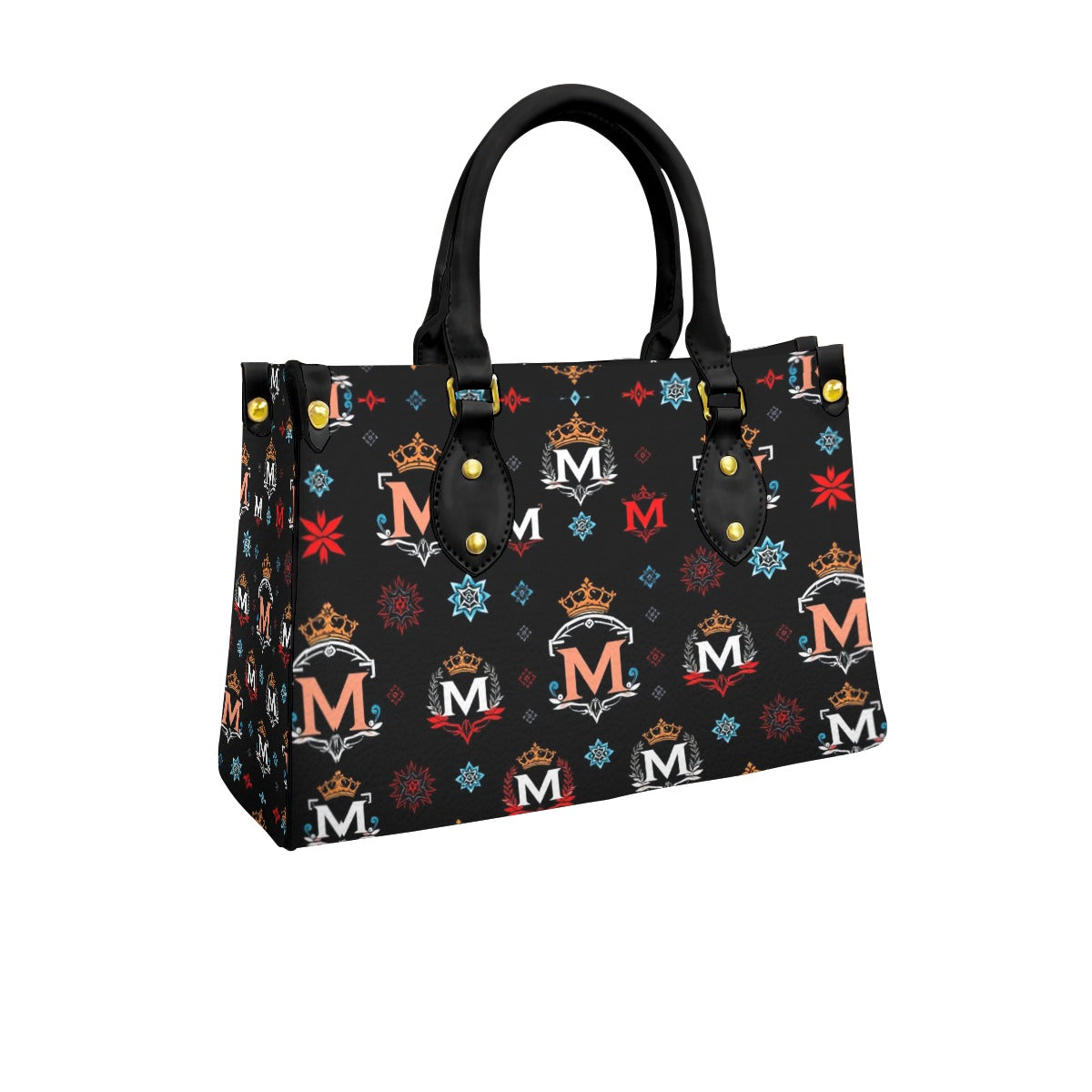 Luxury women's handbag by Munsieur black with multicolor crown and M patterns and black handles