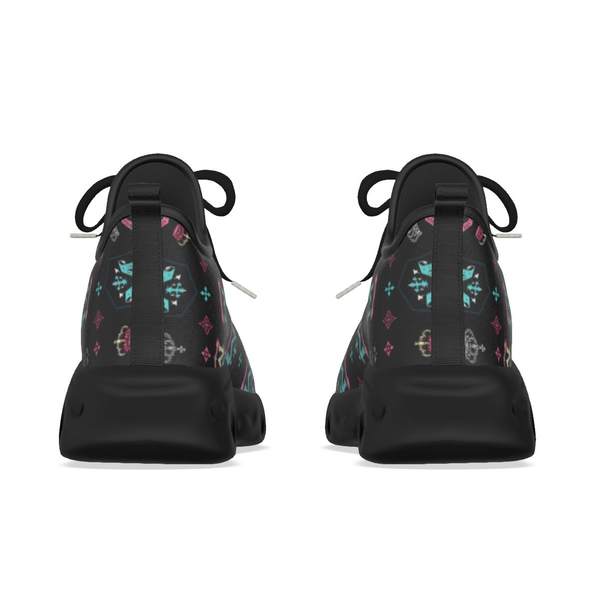 Munsieur men's athletic streetwear shoes with black sole and colorful pattern viewed from the back