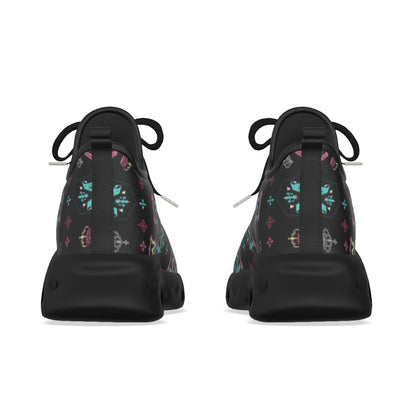 Munsieur men's athletic streetwear shoes with black sole and colorful pattern viewed from the back