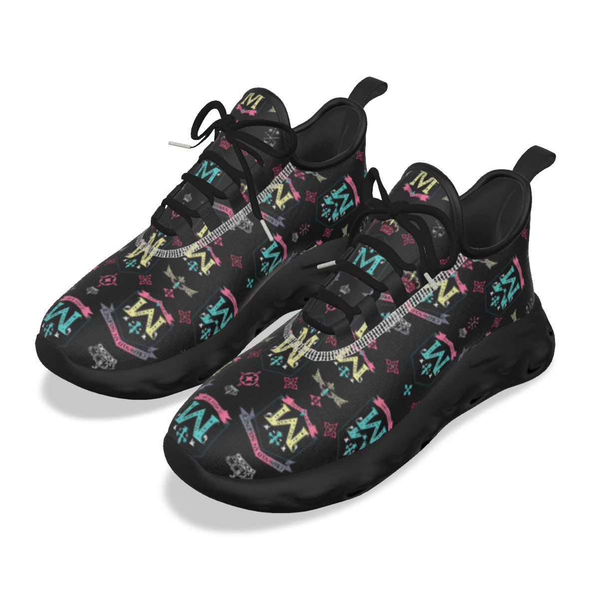 Munsieur men's athletic streetwear shoes in black with colorful logo patterns and black laces