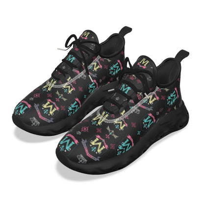 Munsieur men's athletic streetwear shoes in black with colorful logo patterns and black laces