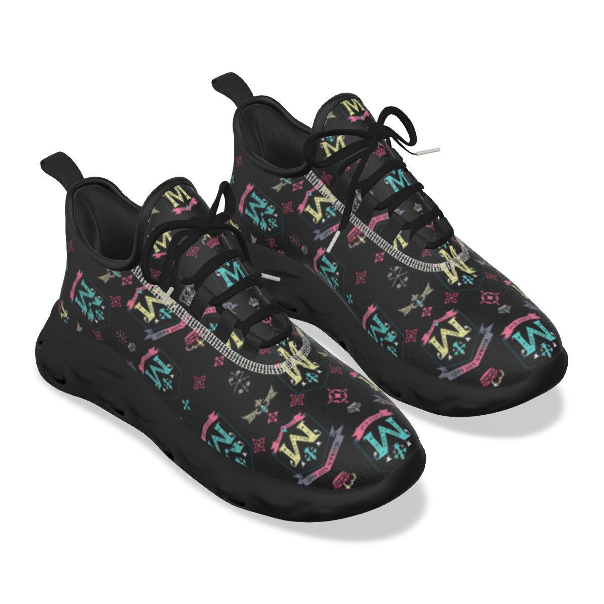 Munsieur men's athletic streetwear shoes with black colorful logo pattern and lace-up design