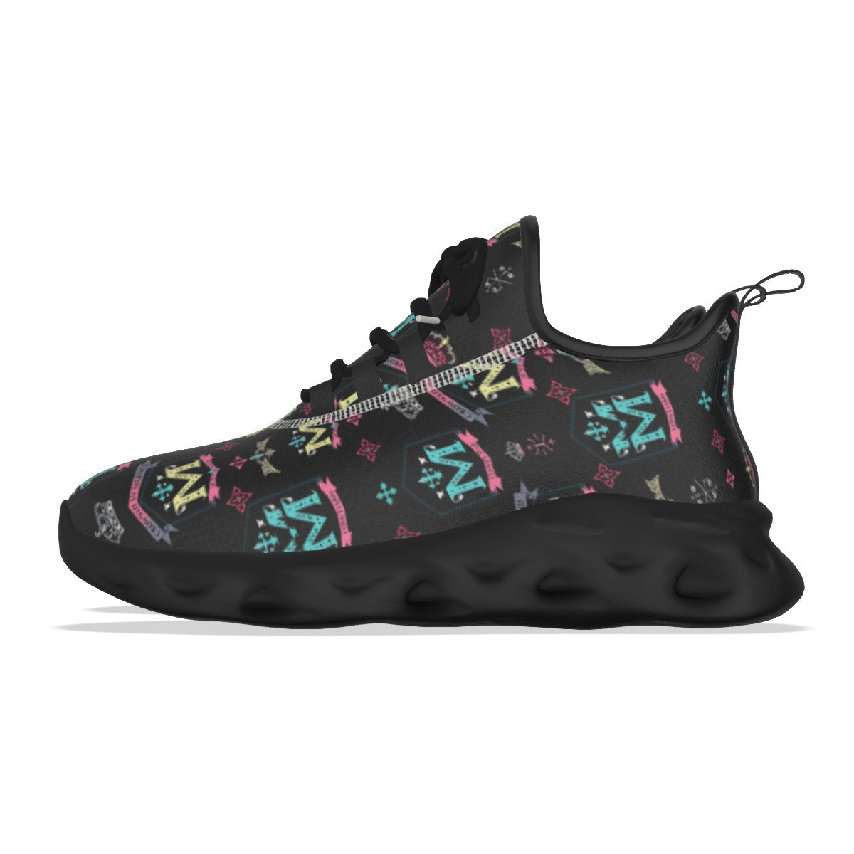 Munsieur men's athletic streetwear shoes with black multicolor patterned upper and cushioned sole