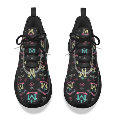 Munsieur men's athletic streetwear shoes in black with colorful patterned logo design and black laces