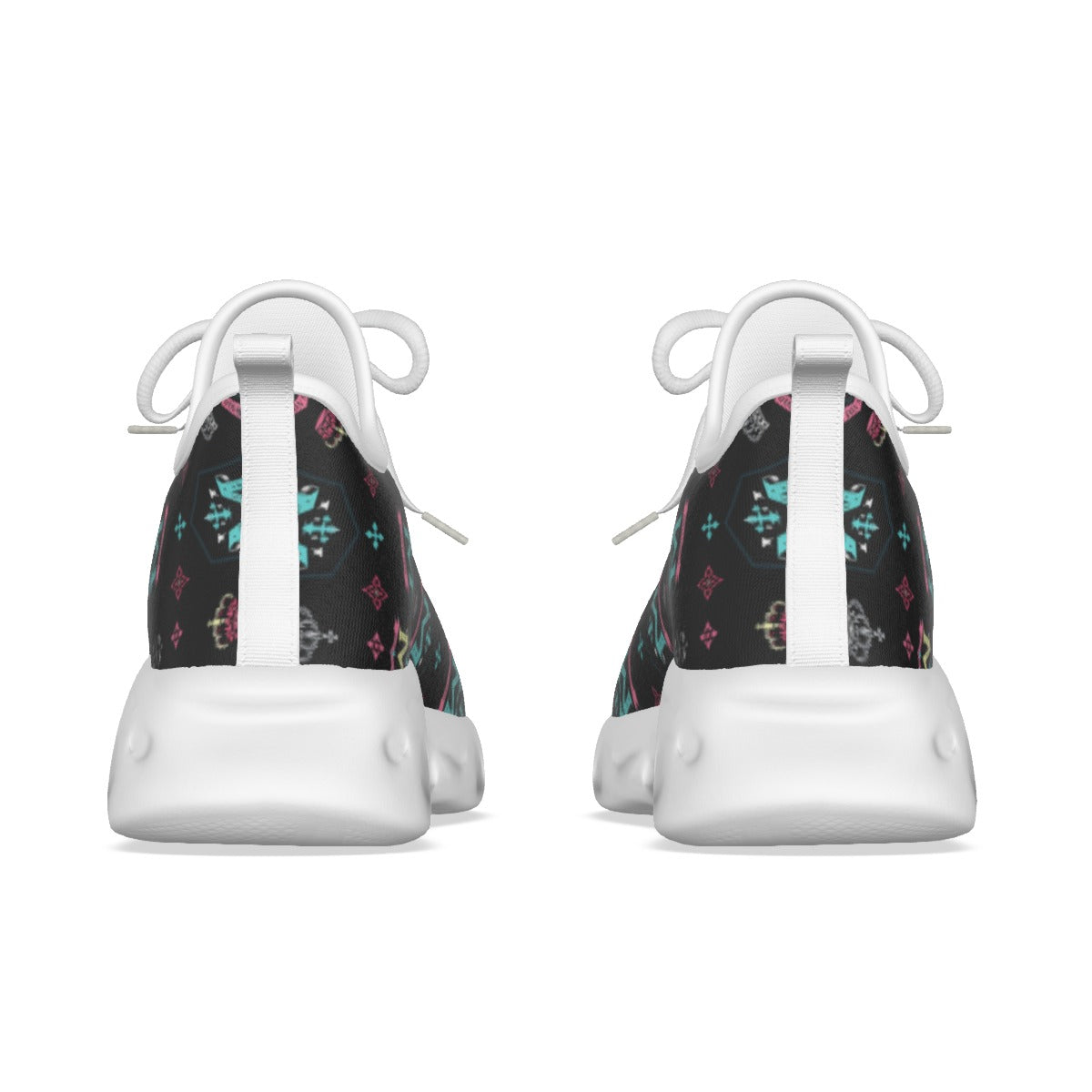 Back view of men's athletic streetwear shoes with black patterned upper and white soles by Munsieur