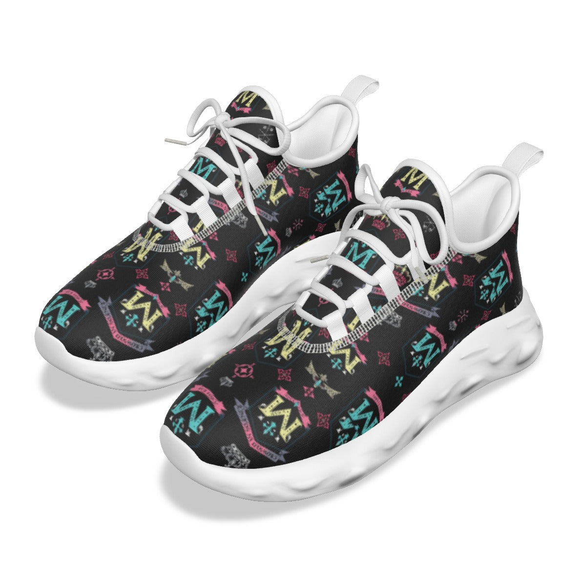 Munsieur men's athletic streetwear shoes with black colorful patterned upper and white cushioned sole