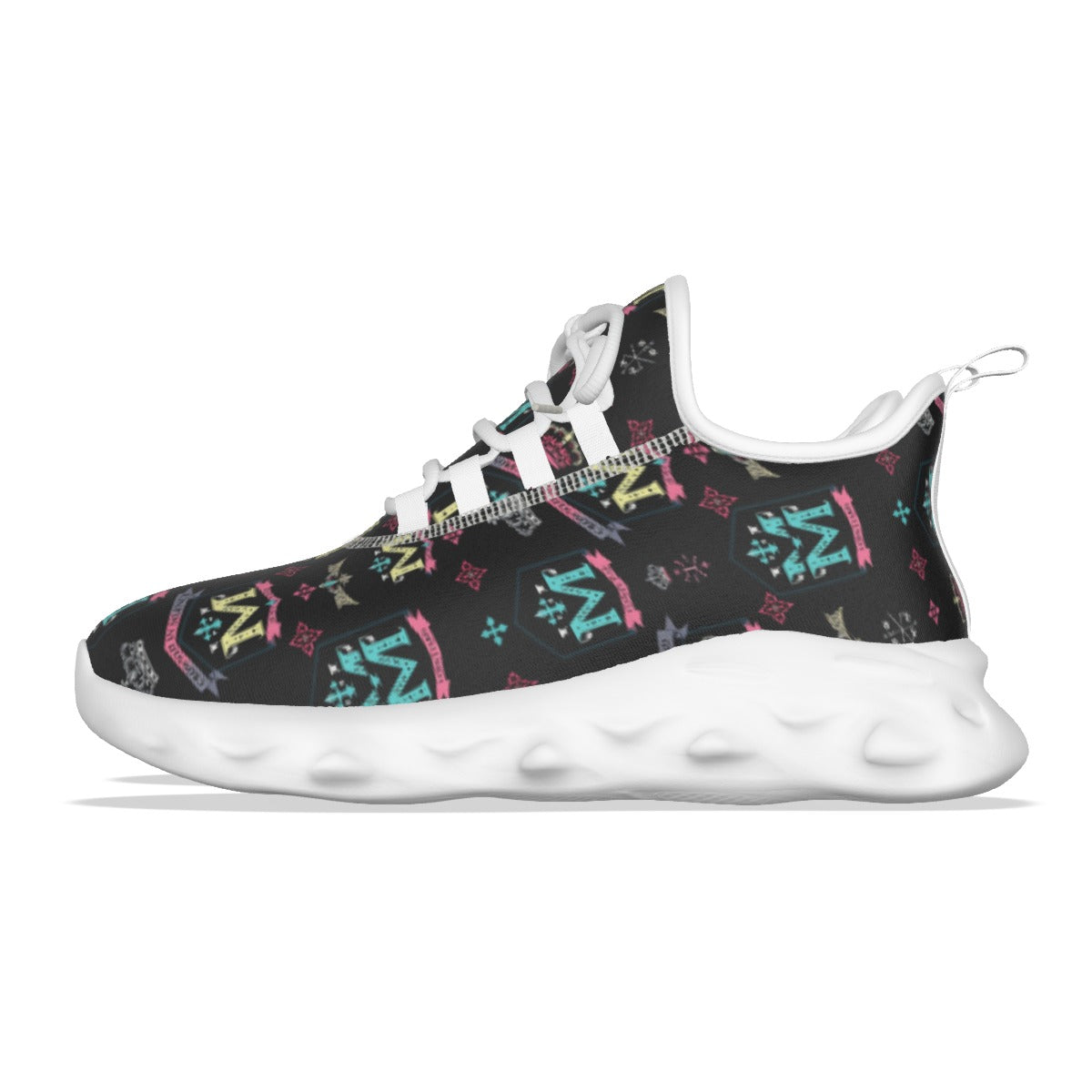 Munsieur men's athletic streetwear shoes with black multicolor patterned upper and white cushioned sole