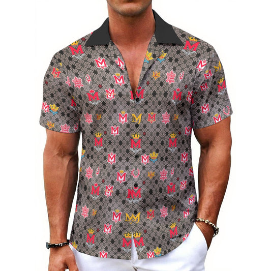 Munsieur men's lightweight Hawaiian shirt with black collar and colorful patterned design
