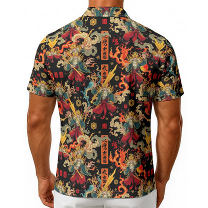 Munsieur men's lightweight Hawaiian tee with colorful Asian-inspired dragon and fire pattern on black background