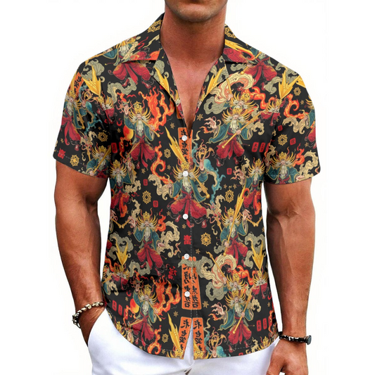 Munsieur men's lightweight Hawaiian tee with bold multicolor dragon and floral print short sleeve shirt