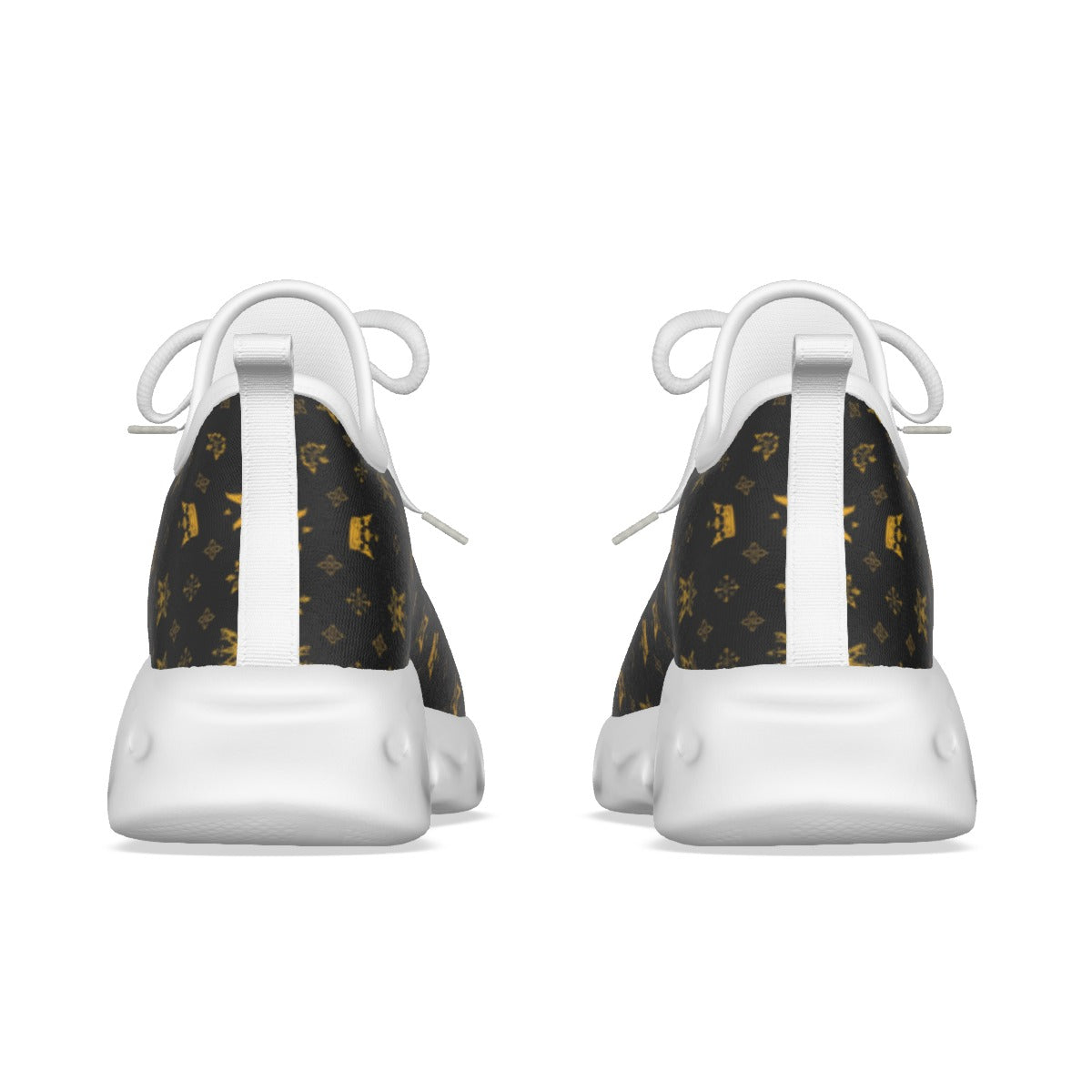 Back view of men's lightweight running shoes by Munsieur with black and gold patterned upper and white sole
