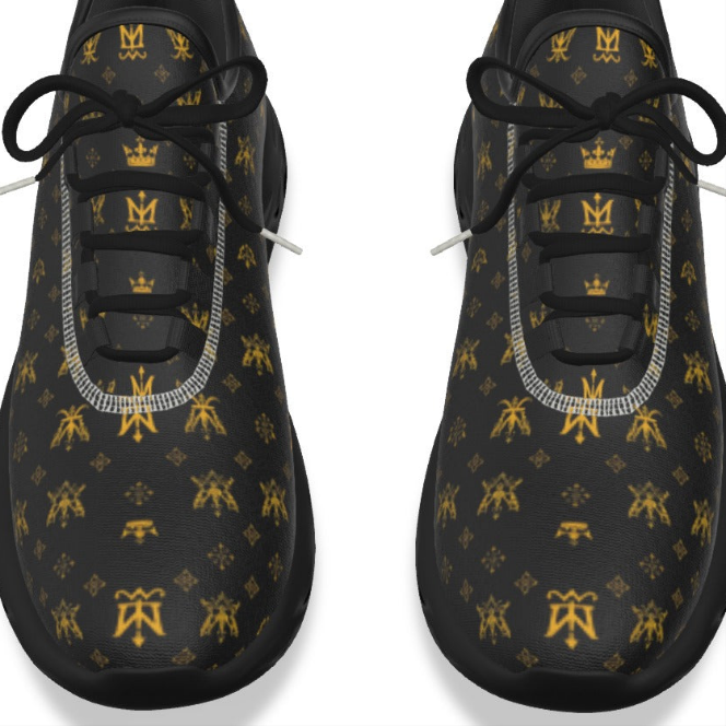Munsieur men's lightweight running shoes in black with gold logo pattern and black laces