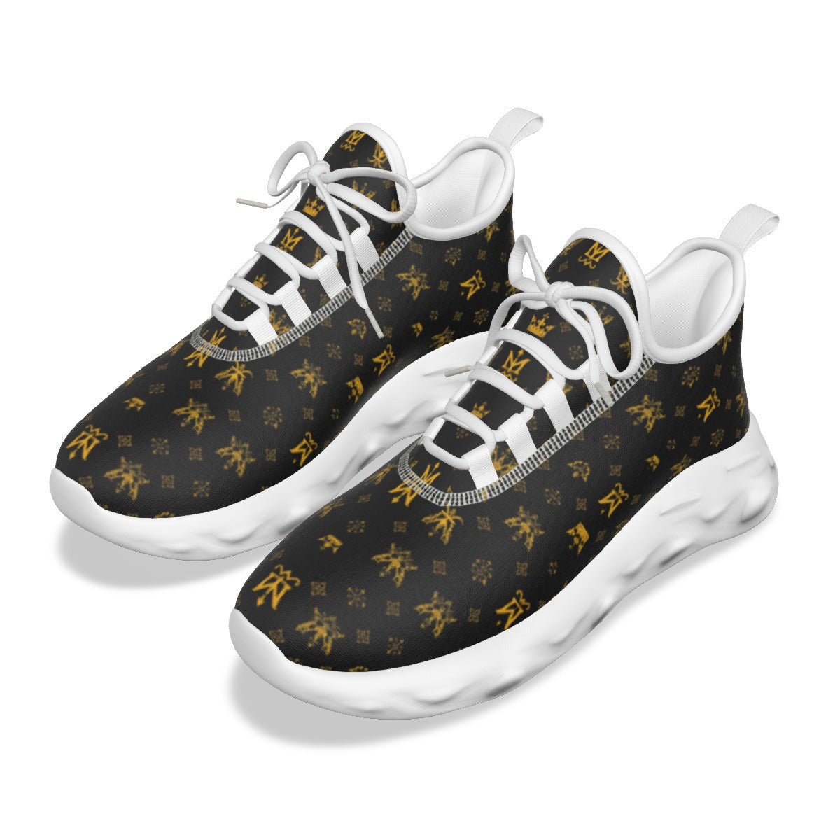Munsieur men's lightweight running shoes in black with gold pattern and white sole and laces