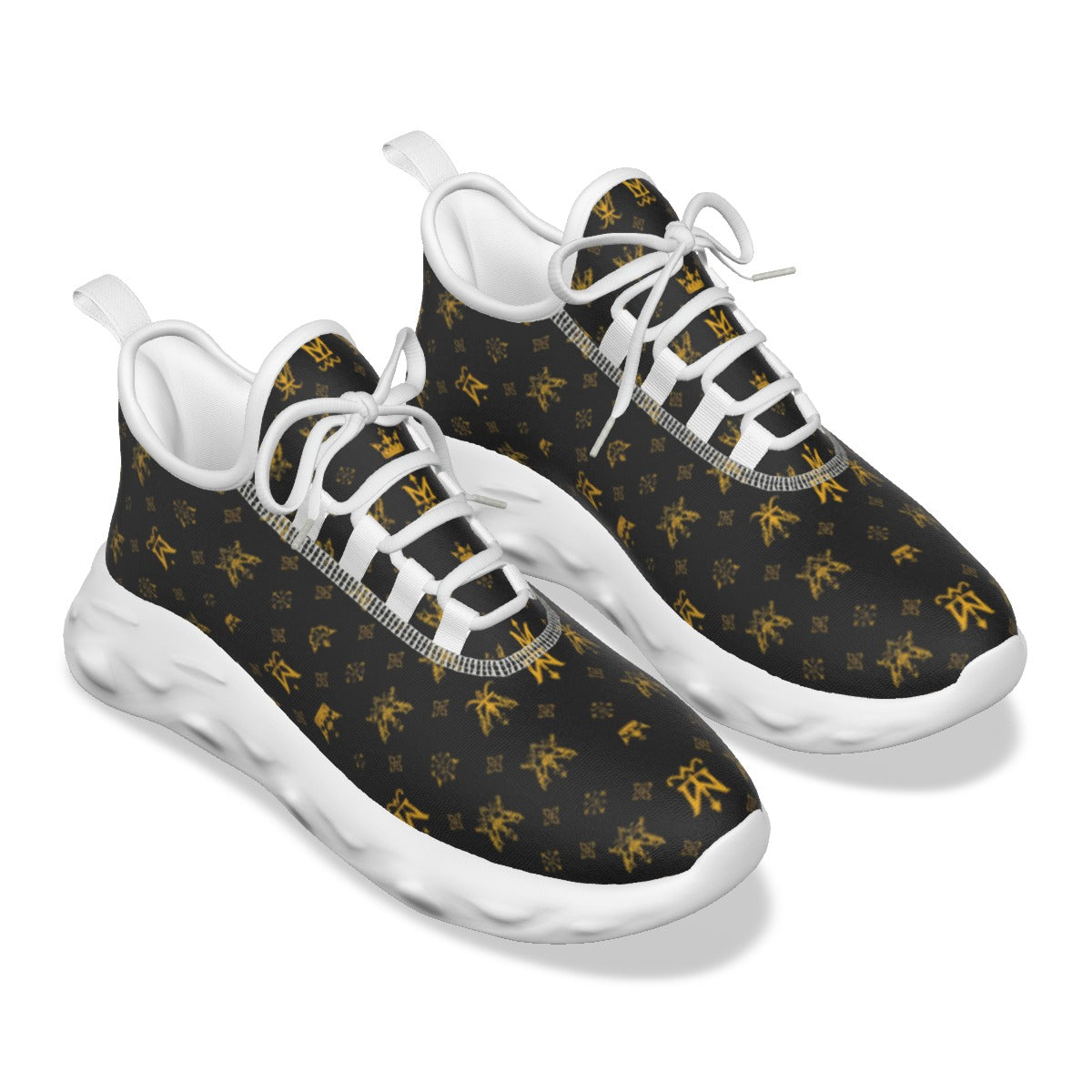 Munsieur men's lightweight running shoes in black with gold pattern and white soles
