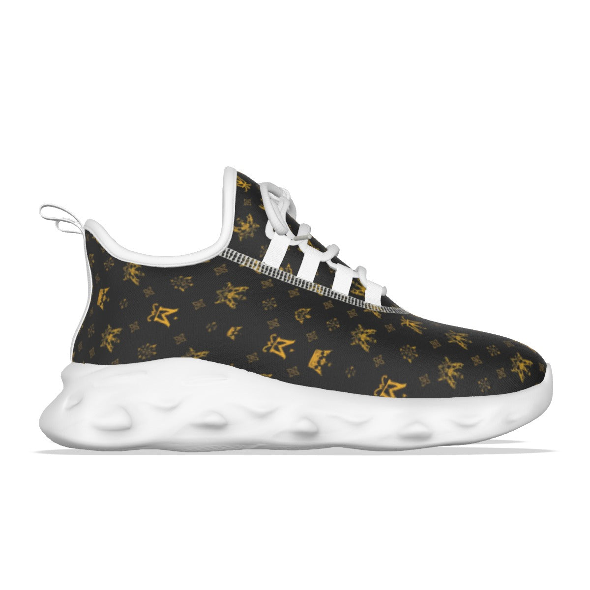 Munsieur men's lightweight running shoes in black with gold patterned design and white cushioned sole
