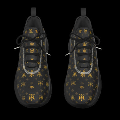 Munsieur men's lightweight running shoes in black with gold pattern and black laces