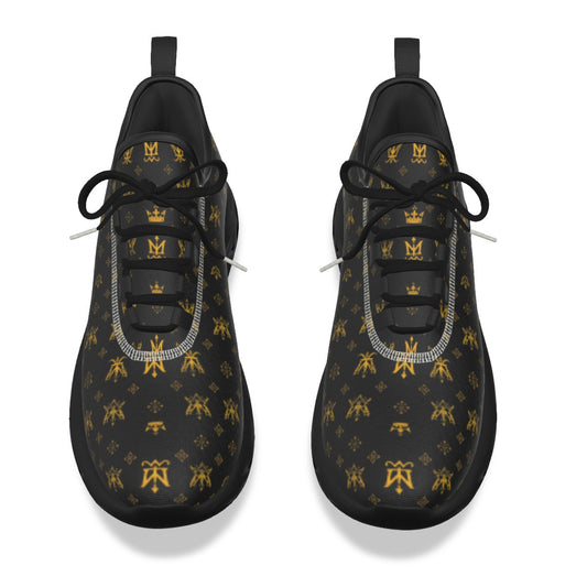 Munsieur men's lightweight running shoes in black with gold pattern and black laces