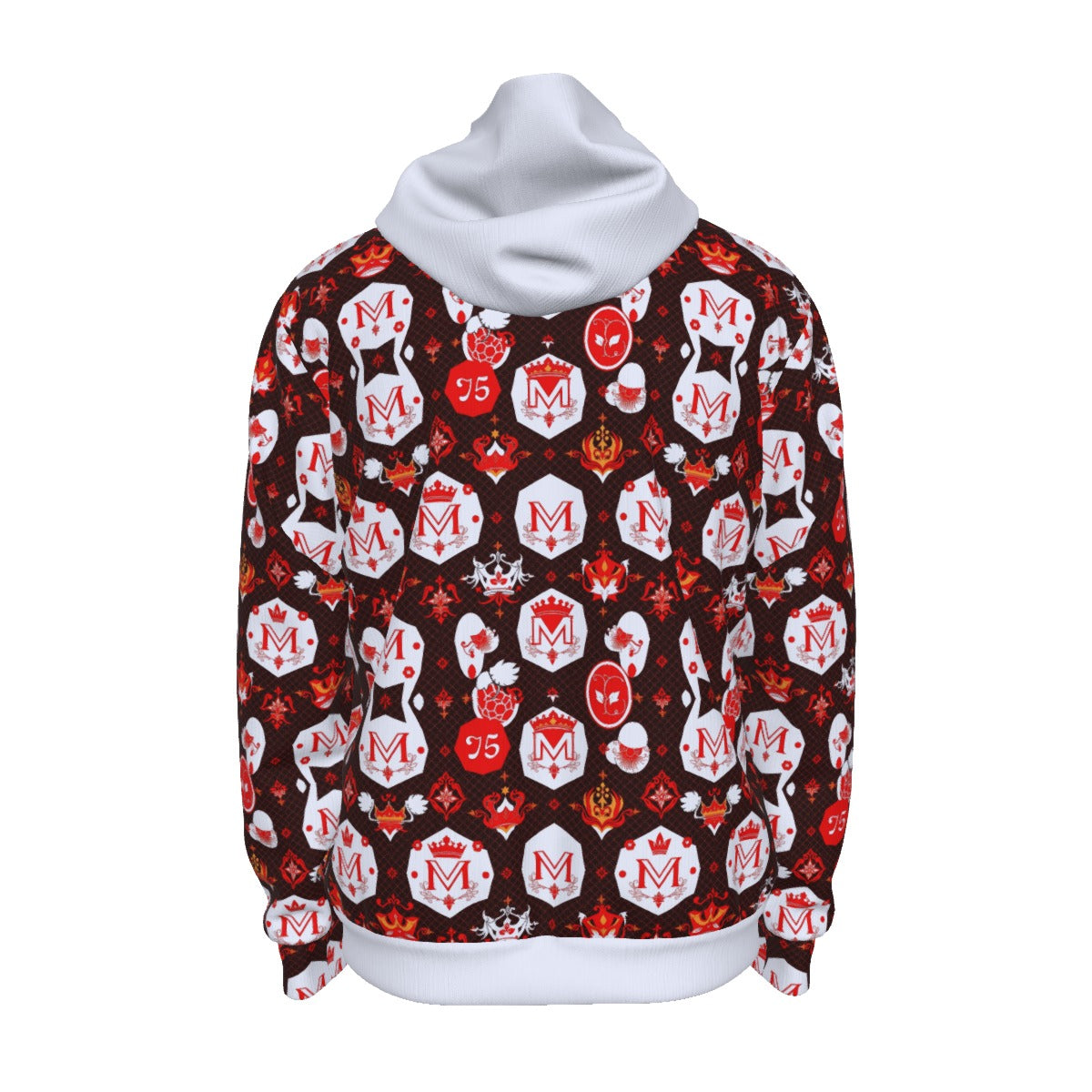 Munsieur men's luxury zipper hoodie with red and white all-over logo print and white hood