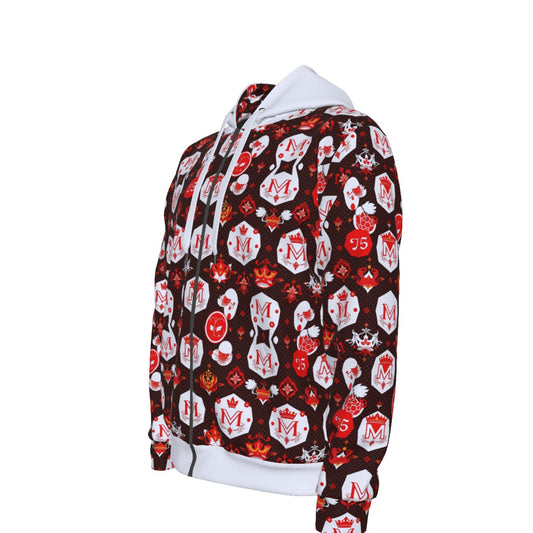 Munsieur men's luxury zipper hoodie with red white and black graphic pattern and white hood