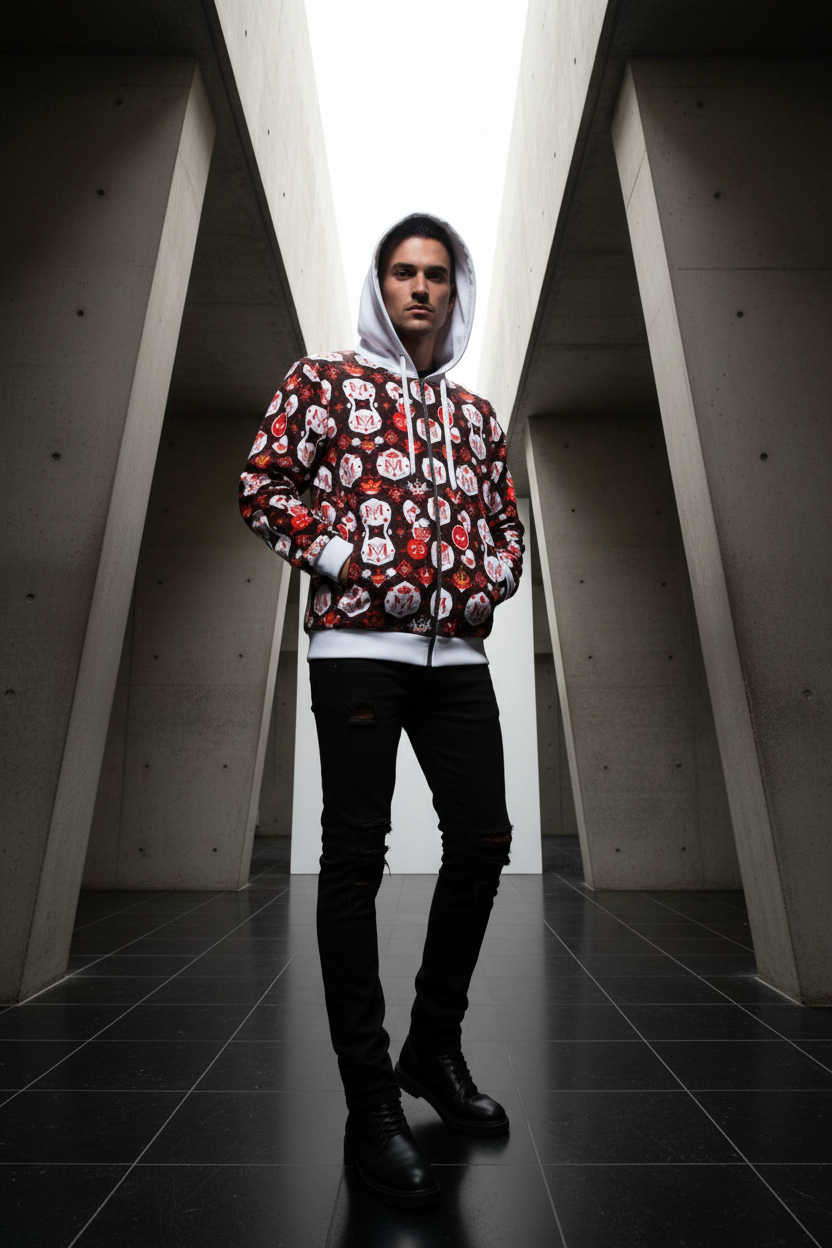 Munsieur Men's Luxury Zipper Hoodie with Bold Pattern