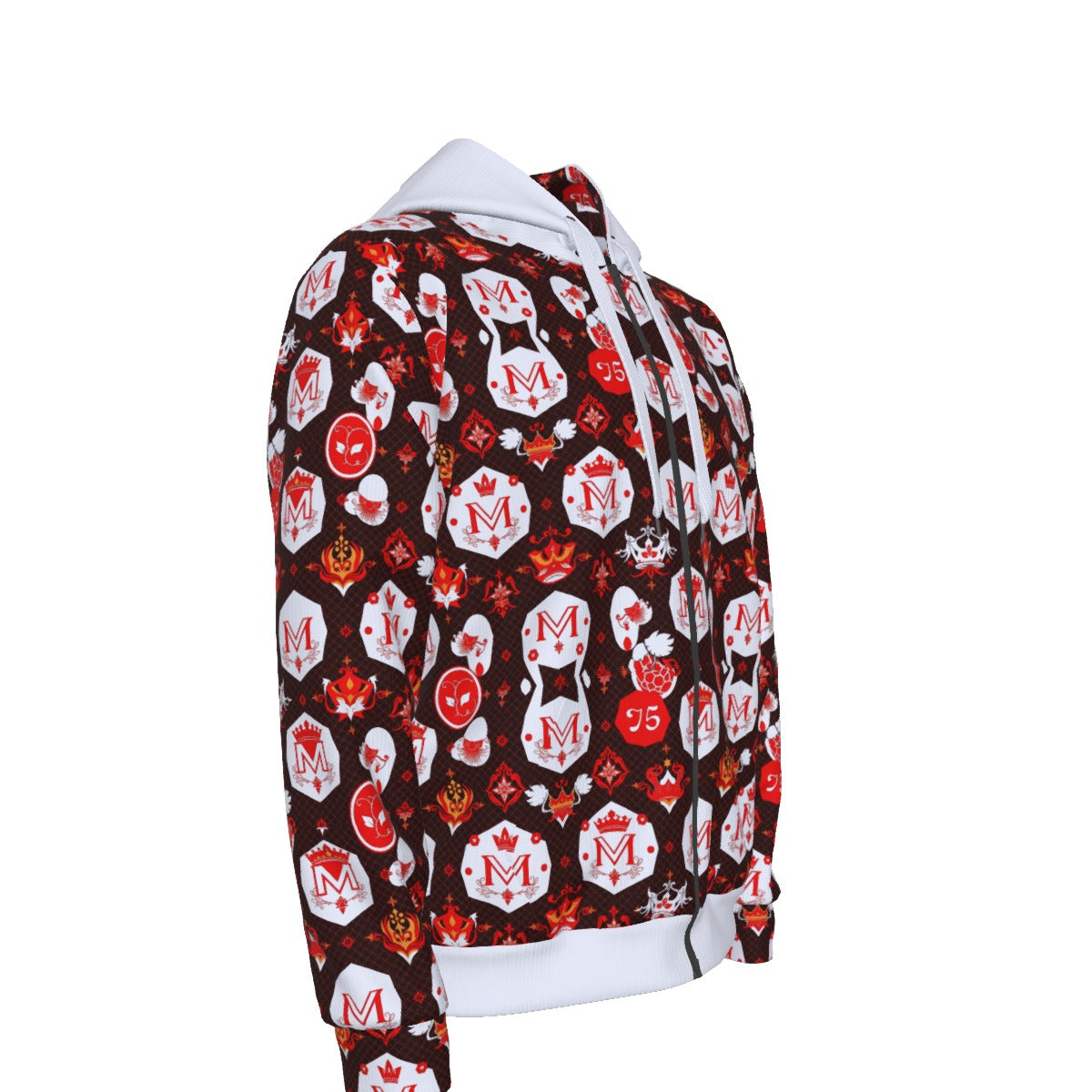 Munsieur men's luxury zipper hoodie with bold red and white graphic logos on black background