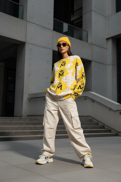 MUNSIEUR All-Over Print Unisex Hoodie Drop-shoulder Knitted Fleece Sweater