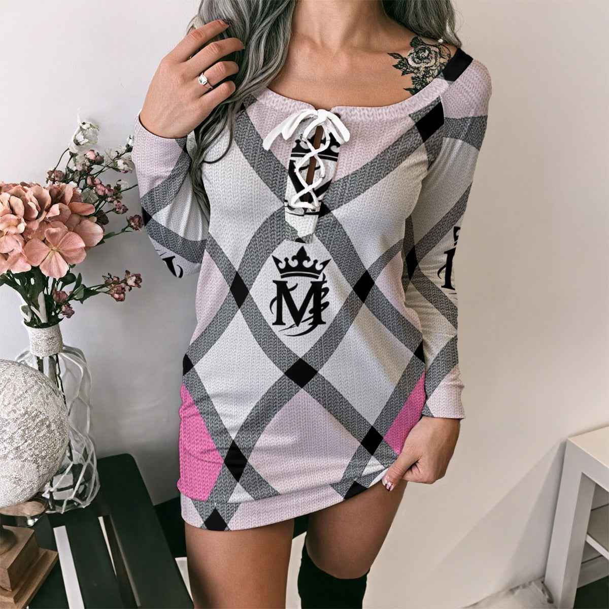 MUNSIEUR All - Over Print Women's Lace - Up Sweater Dress - Munsieur