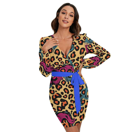 MUNSIEUR All - Over Print Women's Long Sleeve Dress With Waist Belt - Munsieur