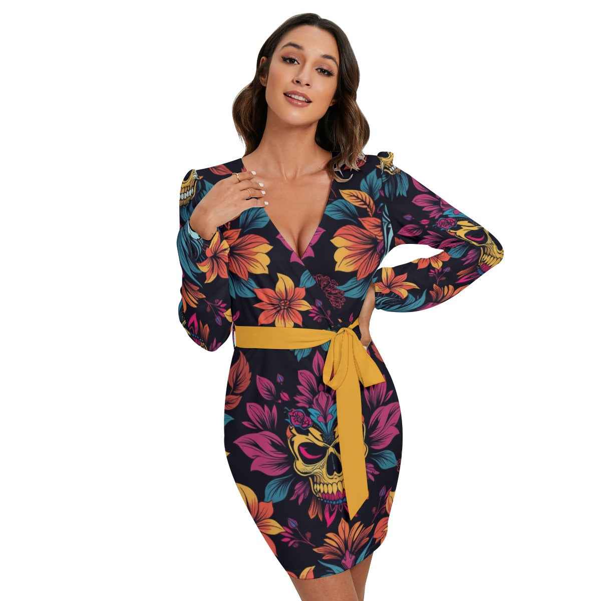 MUNSIEUR All - Over Print Women's Long Sleeve Dress With Waist Belt - Munsieur